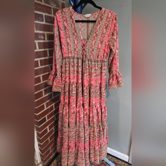 Anthro Boemo Tiered Maxi Dress Sz L LP – Floral Boho Whimsy Paisley Cottagecore - Picture 2 of 6